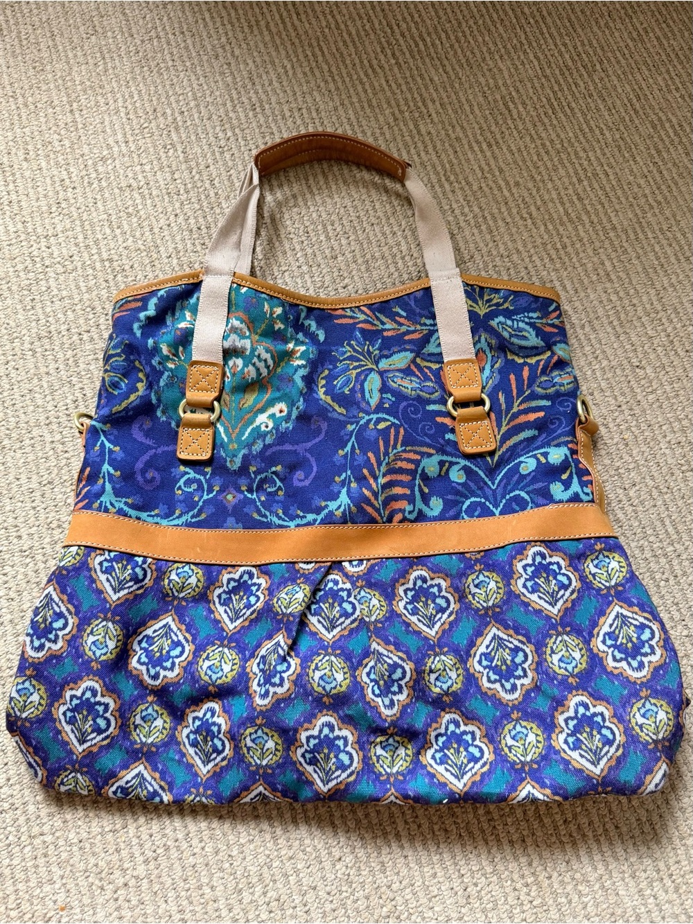 Dena Bag - Blue Patterned Canvas Tote with Tan Trim